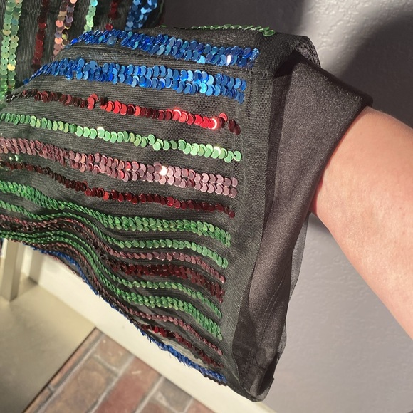 KNIT WORKS - NWT - jumpsuit: black lined mesh w 🌈 sequins & velvet straps - 16 - Picture 12 of 16